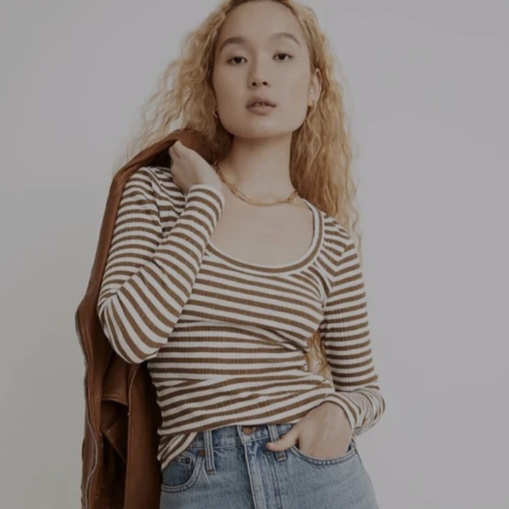 Madewell Ribbed Scoop Neck Striped Brown and White Women's Top